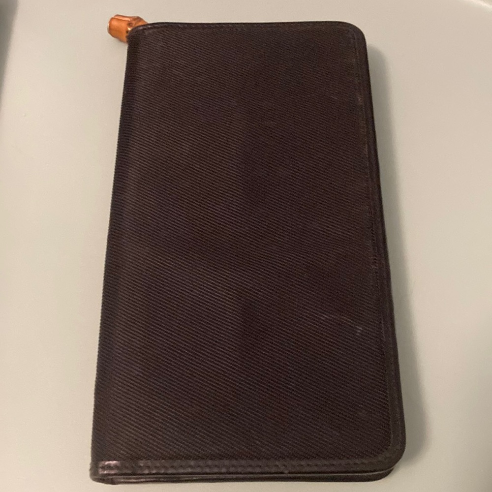 Gucci Bamboo Canvas Leather Zip Around Wallet